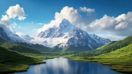 Wall Mural - stunning mountain landscape featuring snow capped peaks, lush green valleys, and serene lake reflecting sky. This pristine environment evokes sense of tranquility and natural beauty