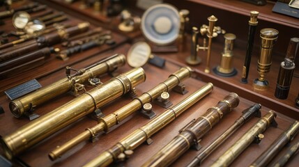 Wall Mural - various antique telescopes and optical instruments on wooden display