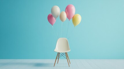 Canvas Print - Pastel Balloons Hovering Over Empty Chair in Light Blue Room