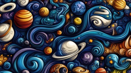 Wall Mural - Colorful Cosmic Swirls with Planets and Stars in Abstract Design