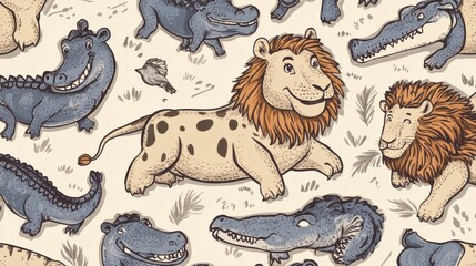 Wall Mural - playful cartoon animals in a fun jungle theme pattern design