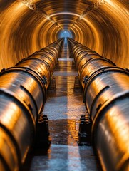 Leinwandbilder - Long gas pipelines stretch into the distance inside an industrial corridor illuminated with warm light. Generative AI