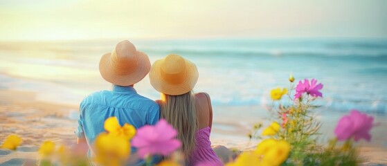 Wall Mural - Two individuals relax on the beach, both wearing hats, enjoying the sun and the serene seaside atmosphere.