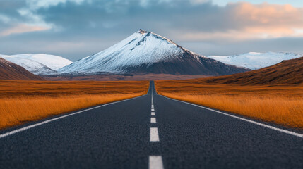 Wall Mural - scenic road leads to snowy mountain, surrounded by golden grasslands and dramatic clouds. landscape evokes sense of adventure and tranquility