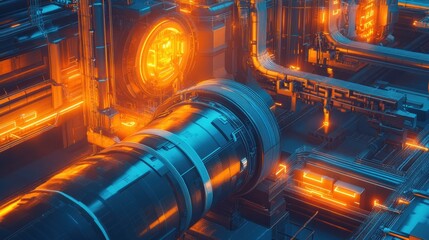 Aufkleber - Futuristic gas power plant with glowing neon pipelines showcasing advanced energy technology. Generative AI