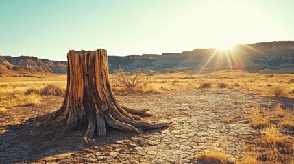 Poster - Vast dry desert landscape with cracked earth and lone tree stump under bright sunlight and clear sky at sunset. Generative AI
