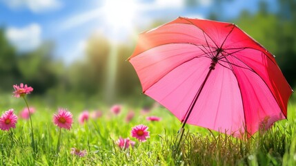 Wall Mural - A pink umbrella stands prominently in a vibrant field filled with colorful flowers, creating a striking contrast against the natural landscape.