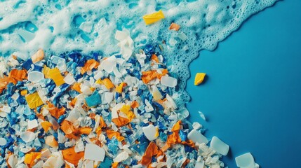 Aufkleber - Close up view of plastic fragments washed ashore by ocean waves highlighting pollution and environmental issues. Generative AI