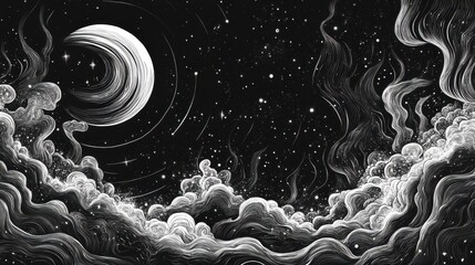 Wall Mural - Ethereal Black and White Cosmic Scene with Stars and Swirling Clouds