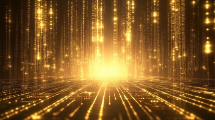 Wall Mural - golden light rays with sparkling particles in digital space