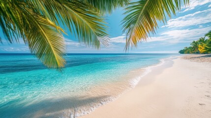 Wall Mural - A serene beach scene featuring a tall palm tree swaying gently beside a vibrant blue ocean under a clear sky, inviting relaxation and tranquility.