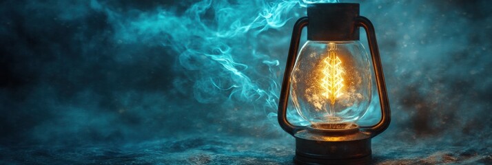 Poster - Glowing gas lamp illuminates a misty atmosphere with enchanting light and swirling smoke in a dimly lit setting. Generative AI