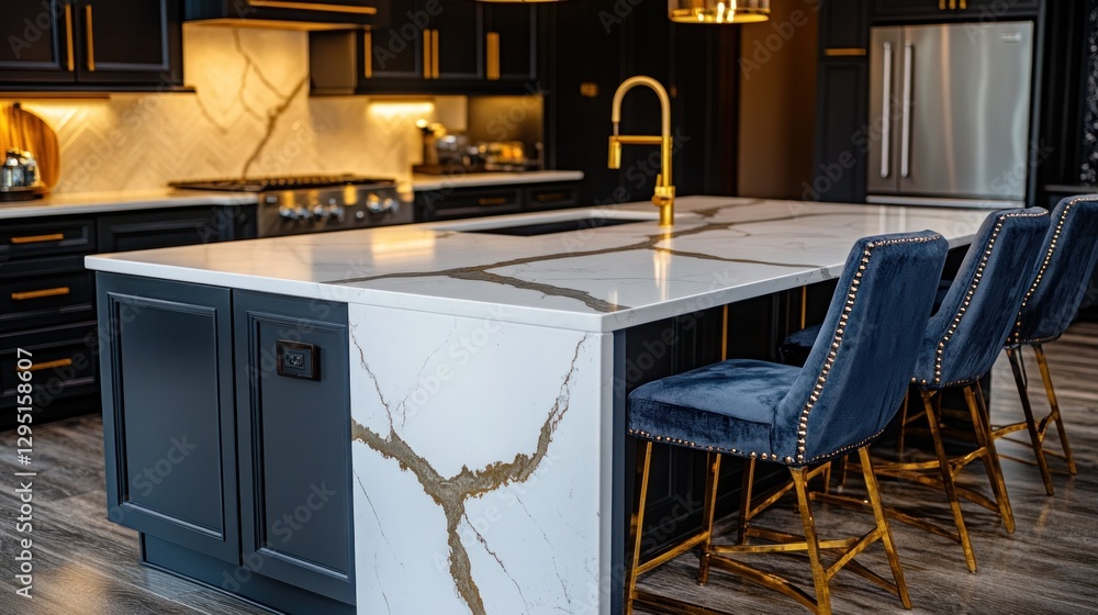 Modern kitchen island with marble countertop and gold accents Stock ...