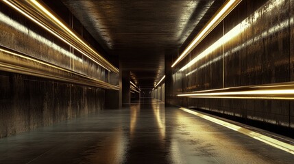 Poster - Long industrial gas pipelines stretching into the distance with metallic textures and illuminated pathways in perspective view. Generative AI