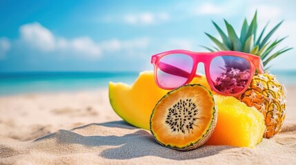 Wall Mural - A vibrant beach scene featuring assorted fruit and stylish sunglasses resting on warm sand, evoking a relaxed summer vibe.