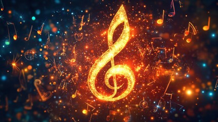 Wall Mural - vibrant musical note with stars and light effects in a colorful background