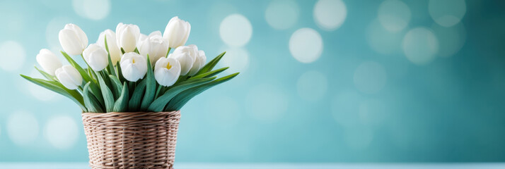 Wall Mural - beautiful basket of white tulip flowers with vibrant green leaves, set against soft blue background. delicate blooms evoke sense of freshness and tranquility