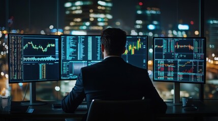 Man working on PC at night, back view