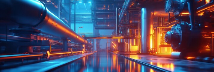 Poster - Futuristic gas power plant with glowing neon pipelines illuminated in a high tech industrial setting. Generative AI