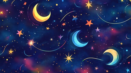 Wall Mural - Colorful Night Sky with Stars and Moon Illustrations for Background