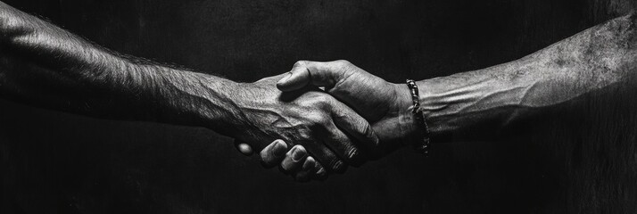 Leinwandbilder - Grunge style handshake between two individuals expressing unity and strength in a dimly lit environment. Generative AI