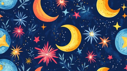 Wall Mural - Colorful Night Sky Pattern with Stars and Moons in Vibrant Colors