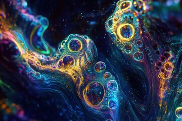 Aufkleber - Glowing gas bubbles create mesmerizing patterns in the depths of an underwater world during twilight hours. Generative AI