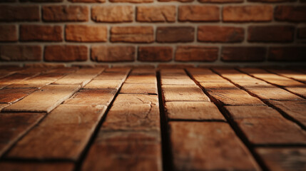 Poster - close up view of rustic brick wall and wooden floor, showcasing warm tones and textures that evoke cozy atmosphere. interplay of light and shadow adds depth to scene