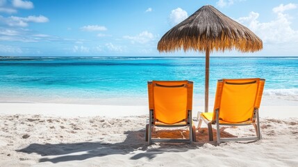 Wall Mural - Two chairs rest on the beach beneath an umbrella, creating a perfect spot for relaxation and enjoyment of the sun and sea breeze.