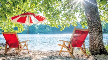 Wall Mural - Two chairs are positioned under a tree, set against the serene backdrop of a beach, creating a tranquil relaxation spot.