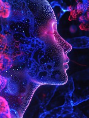 Fototapete - Human head silhouette filled with glowing AI nodes and cosmic patterns exploring the depths of cyberpunk aesthetics. Generative AI
