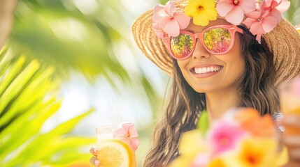 Wall Mural - A woman dons a straw hat and sunglasses while holding a refreshing drink, embodying a relaxed summer vibe in a sunny setting.