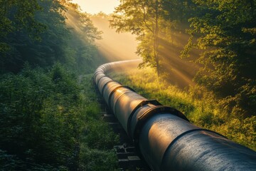 Poster - Gas pipelines winding through a vibrant green forest at sunrise during early morning. Generative AI