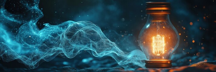 Poster - Glowing gas lamp illuminates swirling blue gas in a mystical environment at night. Generative AI