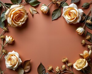 Wall Mural - A beautiful arrangement of soft yellow roses and leaves on a warm, earthy background, creating an elegant floral frame.