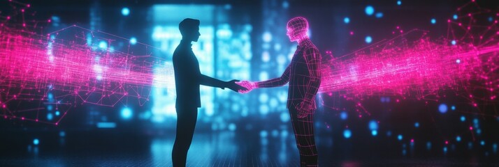 Fototapete - Digital avatars engage in metaverse social interaction through a virtual handshake in a vibrant digital environment. Generative AI