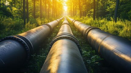 Poster - Gas pipelines extending through a vibrant green forest at sunset in a peaceful natural landscape. Generative AI