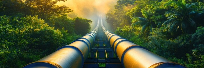 Aufkleber - Gas pipelines running through a vibrant green forest landscape under a bright morning sky. Generative AI