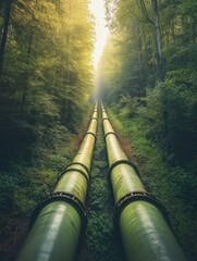 Poster - Gas pipelines extending through a vibrant green forest in the early morning light, showcasing nature and industry. Generative AI