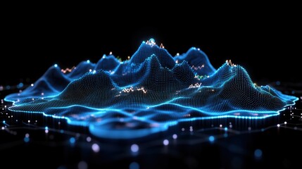 Wall Mural - futuristic mountain landscape with glowing lights and digital codes in blue showcasing technology an
