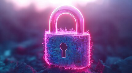 Wall Mural - futuristic neon padlock with glowing pink light and electronic circuit design for security concepts
