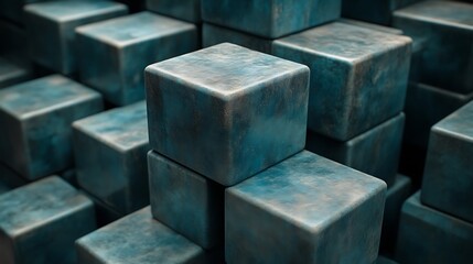 Abstract textured blue cubes arranged in a seamless geometric pattern