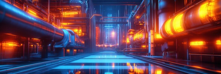 Wall Mural - Futuristic gas power plant featuring glowing neon pipelines in a high tech environment at night. Generative AI