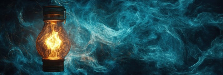 Aufkleber - Glowing gas lamp illuminates swirling blue gas against a dark backdrop in a mystical atmosphere. Generative AI