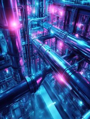 Poster - Futuristic gas power plant illuminated by glowing neon pipelines at night. Generative AI