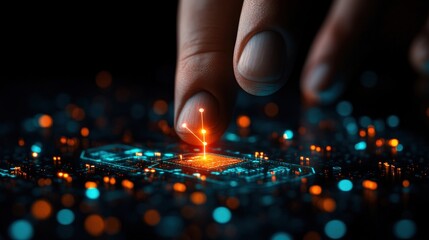 Wall Mural - person touching a lit circuit in a digital cyber world technology concept with metaverse theme