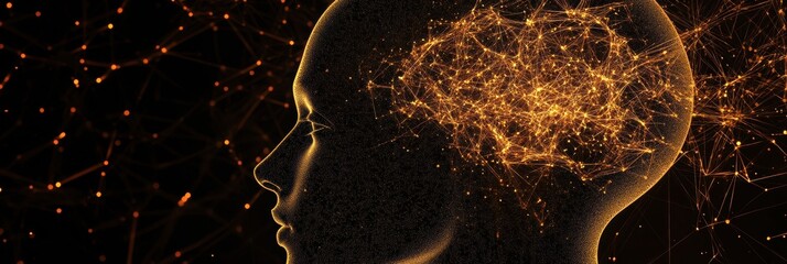 Fototapete - Human head silhouette with interconnected glowing AI nodes in a cosmic cyberpunk design. Generative AI