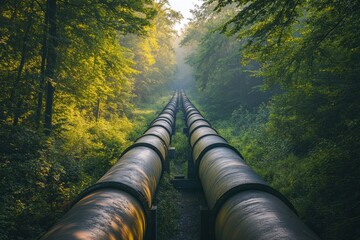Poster - Gas pipelines running through a vibrant green forest at dawn showcasing nature and infrastructure harmony. Generative AI