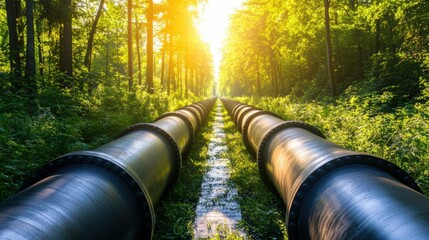 Poster - Gas pipelines traverse a verdant forest under a bright sun in a serene natural environment. Generative AI