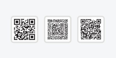 QR code icon. Fake template of quick response matrix barcode in square grid set. Mobile phone camera readable digital label isolated on white background